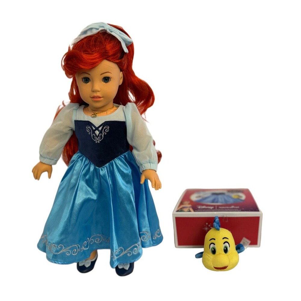American Girl Disney Ariel 18 Inch Doll Blue Dress Flounder Plush & Outfit Box